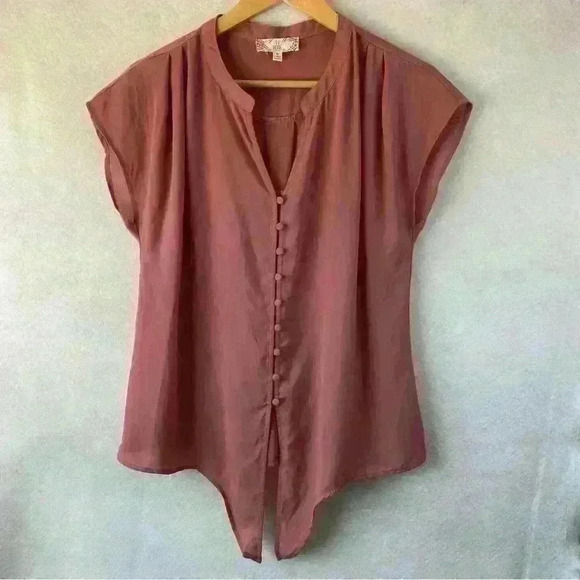 Pink Rose Women's Short Sleeve Button Front Tie Waist Pink Coral Blouse Medium - Picture 4 of 12